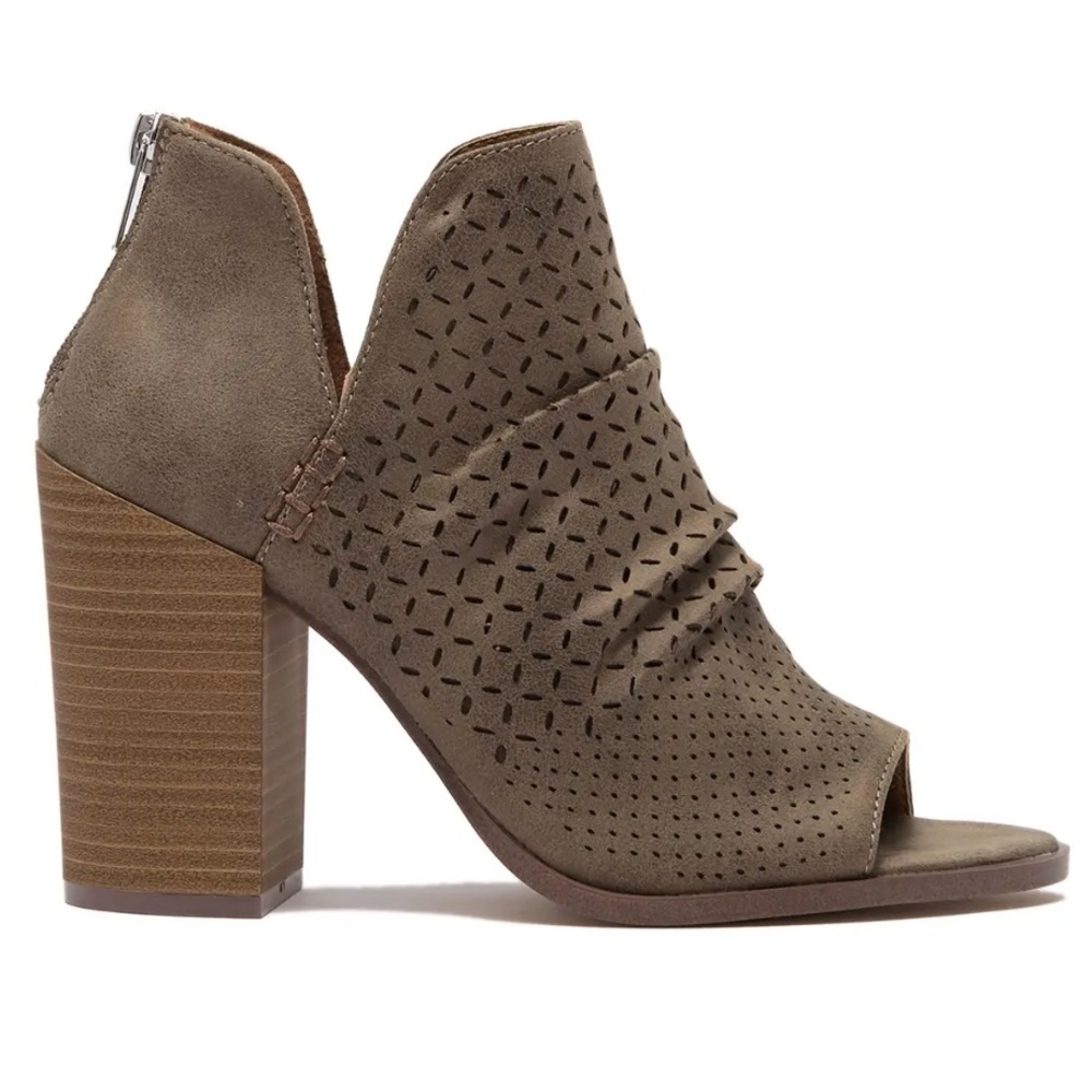 Report Barah Olive Perforated Laser Ankle Booties back zip‎ peep toe shoes Sz 8